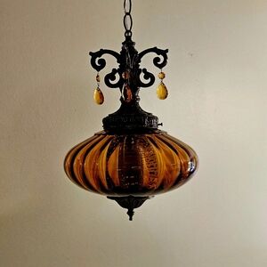 Vintage AMBER Saucer Glass Hanging Light Swag Lamp Diffuser Retro Antique Plugin